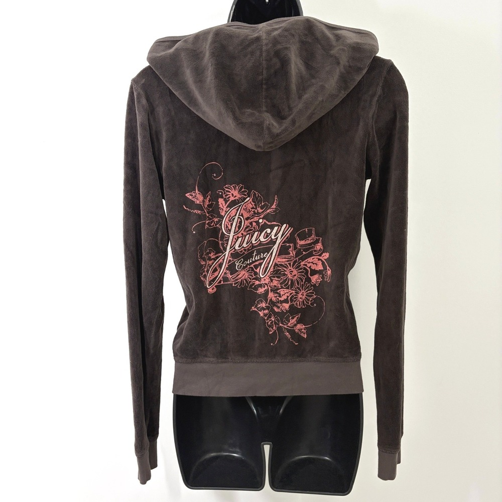 y2k rare Juicy Couture Velour Hoodie Back Graphic Print Size Medium Brown